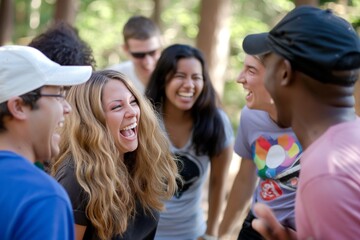 Team building: A group of employees participating in a team-building activity, laughing and having fun while bonding