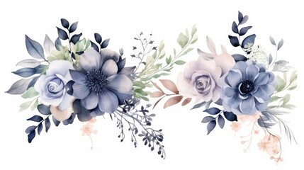Set of blue and grey watercolor floral frame for wedding invitation