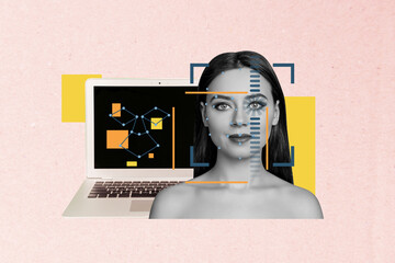 Creative composite photo collage illustration of girl scanning eye face id to access data files on computer isolated on drawn background