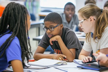 Teamwork in the classroom. A group of Teenage students working together on a project, discussing ideas