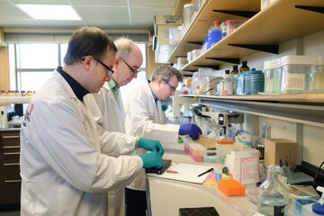 Teamwork in the lab. A group of scientists working together on a research project, sharing their knowledge and expertise