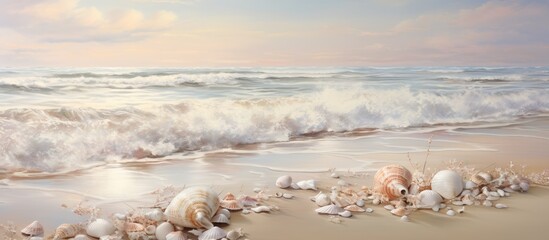 The beach near the ocean is scattered with numerous sea shells, creating a beautiful natural...