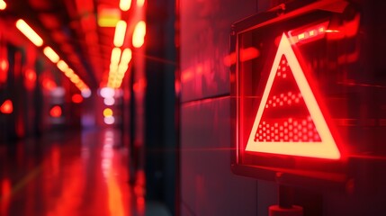 Cyberpunk Hallways Glowing Warning Sign Security Breach Alert