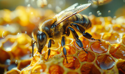 Bees are working on honeycombs with honey in the summer in apiary