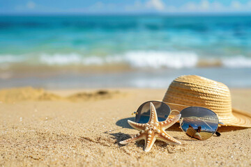 Fototapeta na wymiar Strawhat and starfish on the beach