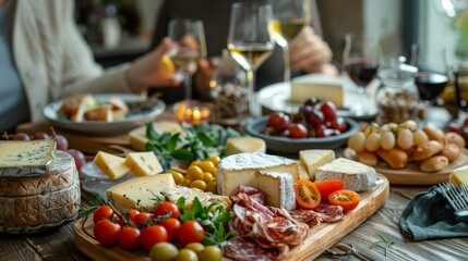 Fototapeta premium Family gathering enjoying a gourmet cheese platter with wine and charcuterie