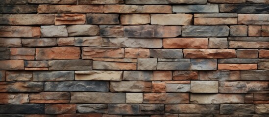 A closeup of a brown brick wall showcasing different types of bricks, forming a composite material. The bricks are rectangular in shape, creating a unique brickwork pattern on the stone wall