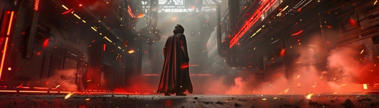 Reaper Emerges in Desolate Industrial Zone, Unleashing Fiery Lasers in a Modern Digital Art Fantasy