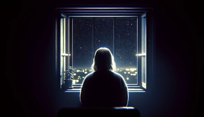 Young Girl Gazing Out Window at Night created with Generative AI Technology