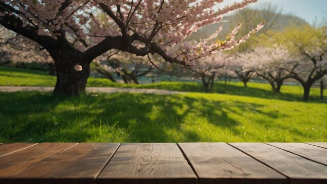 Nature's Display Wooden Table Framed by a Spring Blossom Tree Scene