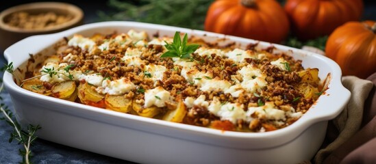 A classic casserole recipe made with a white dish filled with potatoes, meat, and cheese, a staple food dish that includes Calabaza as a key ingredient in this hearty meal