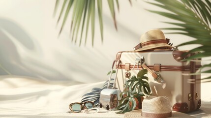 Ein schöner Urlaub Hintergrund mit Gepäck und kleinen Reiseutensilien auf einem hellen Hintergrund - obrazy, fototapety, plakaty