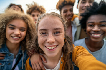 Fototapeta premium a group of young people standing next to each other smiling at the camera with their arms around each other