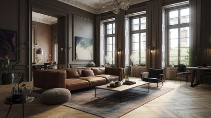 Interior design of cozy living room.