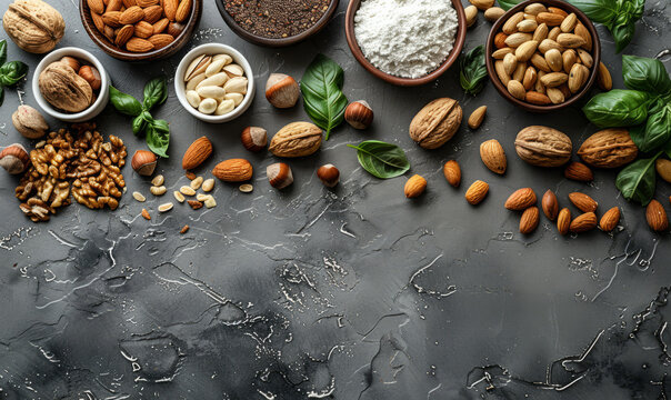 Assorted nuts and flour on black background top view copy space