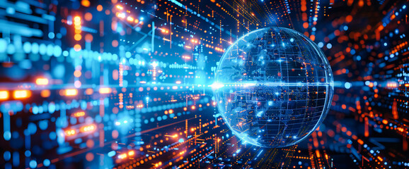 Futuristic digital networking and global connectivity concept in an abstract space with glowing earth and technology elements