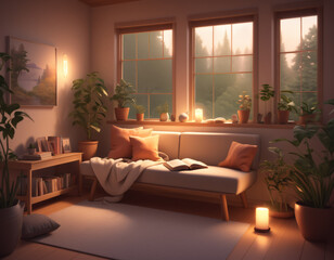 Warm Sunset Glow in a Cozy Living Room with Plants