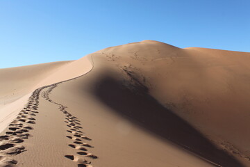 Hiking big daddy dune in Namibia following a track of footsteps uphill the dune