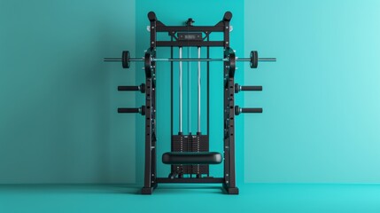 Gym equipment set up against a vibrant blue wall