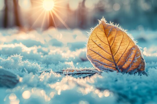 Beautiful winter background with a leaf covered with hoarfrost in nature in the snow.