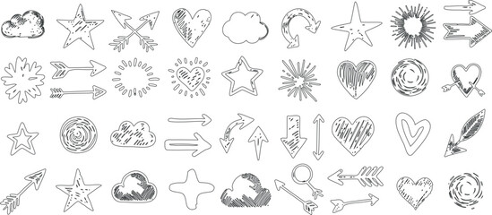 Doodle icon vector set, hand drawn, icons featuring star, heart, arrow, sun. Perfect for web design, decorative prints. Unique, creative elements for decoration