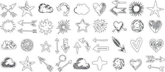 Hand drawn icon, vector doodle icon set featuring diverse stars, hearts, arrows, suns, clouds, glass. Ideal for enhancing web design, print, and advertisements