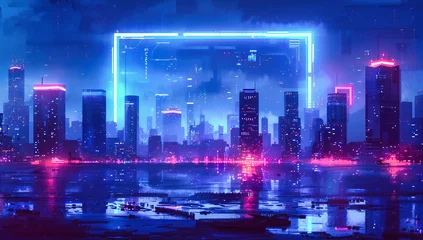 Rollo Futuristic cityscape at night, neon lights illuminating modern skyscrapers in a vibrant urban landscape © Jahid