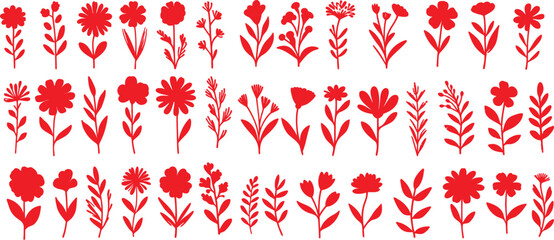 Red flower vector set, floral icon set on white background, Perfect for wallpaper, textile-print, fabric design. Vibrant, bright, floral art. Ideal for decoration, modern, trendy, elegant designs