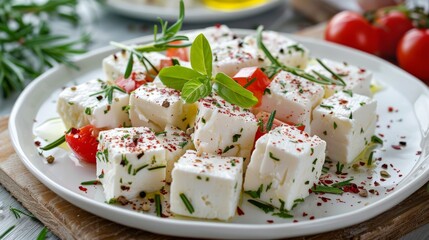 Feta cheese cubes on a plate with spices and tomato garnish