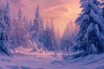 Beautiful winter landscape with fir trees in a snowy forest in the evening at sunset.