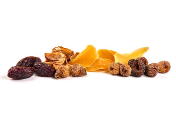 Mixed dried fruits, dried mango, dates, figs, dried persimmon, isolated on white background.