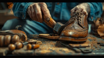 Skilled craftsman expertly hammering a shoe sole in a traditional workshop