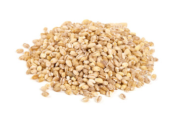Barley groats in bowl, isolated on white background.