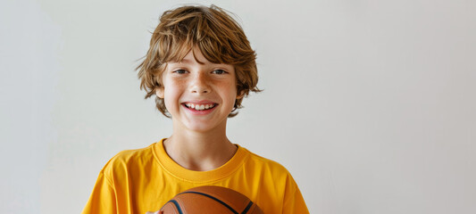 A young boy is smiling and holding a basketball. Concept of happiness and sport. smiling 10 years old boy, caucasian, wearing yellow basketball shirt and hold basketball in his hands, white background