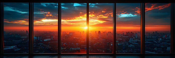 Sunset through the windows of an open plan apart,
A window on the building showing the sunset