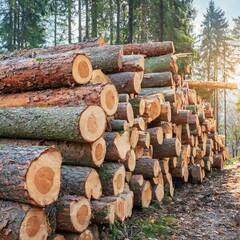 Lumber in the forest, cut wooden logs in the stack. Logging, harvesting wood