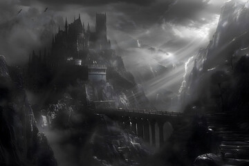  black and white of a dark fantasy scene, depicting a black mountain castle with a bridge, dark clouds in the sky with rays of light  - Powered by Adobe