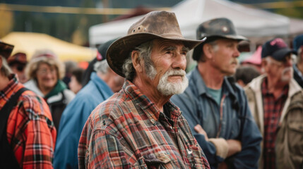 Rugged Senior Man in Cowboy Hat at Outdoor Gathering