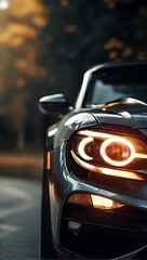 The close up Photo of sport car headlight. - obrazy, fototapety, plakaty