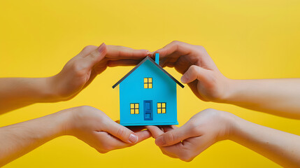 photograph of two different hands holding a small blue house in yellow background