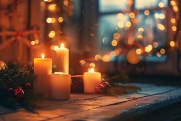 Cozy atmospheric blurred background for christmas with candles.