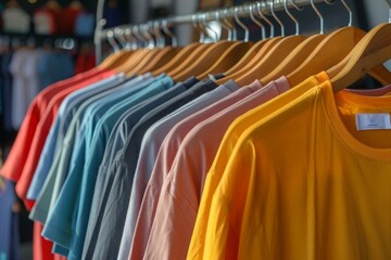 Obraz premium A collection colorful t-shirts on hang for sale in shop. Multicolored T shirts summer top on a wooden clothes hanger in clothing rack over.