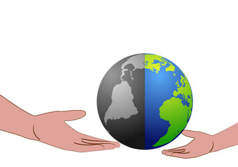 Día mundial del medio ambiente. Sanear el planeta Tierra al pasar de manos de padres a hijos. Planeta contaminado vs planeta limpio y sano