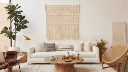 Add a statement piece of art with a unique texture like a woven tapestry or macrame wall hanging