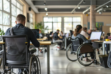 Inclusive Office Environment with Wheelchair Accessibility - obrazy, fototapety, plakaty