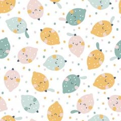 Fototapeten Lemons face seamless scattered pattern in pastel palette. Vector naive hand drawn illustration of cute characters on polka dot background. Ideal for baby textiles, wallpaper, fabric, scrapbooking. © Світлана Харчук
