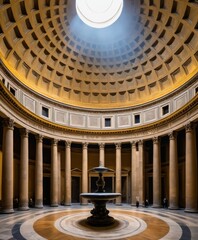 a large room with columns and a dome ceiling with a light shining in it's center area and a statue in the center - obrazy, fototapety, plakaty