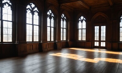 an empty room with large windows and wooden floors