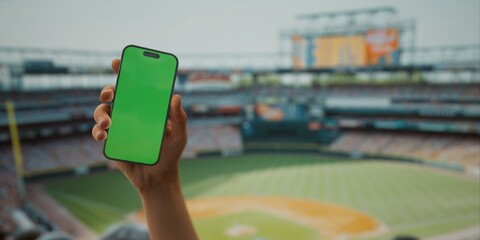 A hand holds a smartphone with a green screen at a baseball stadium - 757093979