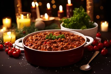 chili con carne dish at christmas festive candlelight dinner table. Hispanic cuisine xmas season food.  - obrazy, fototapety, plakaty